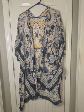 Navy & Mustard Printed Sheer Kimono Cover-Up